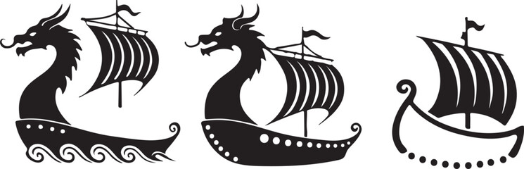 Viking ship with dragon head black icon, flat vector silhouette design