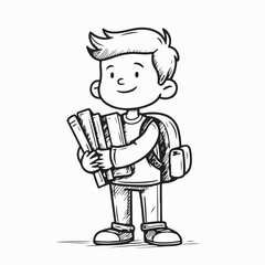 Happy Student Boy with Backpack and Pile of Books Vector Design