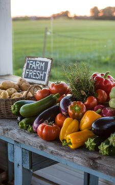 Abundant display of fresh organic vegetables and herbs at a rustic farm stand with a green field in the background at sunset