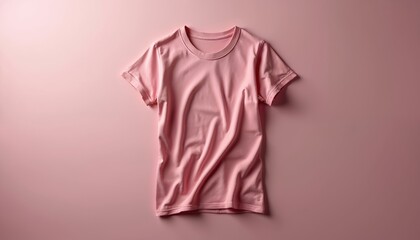 Pink t-shirt mockup studio shot on light background. Blank basic tee with soft fabric folds. Ready for custom design, casual apparel item top view template for clothing brand presentation. Textile