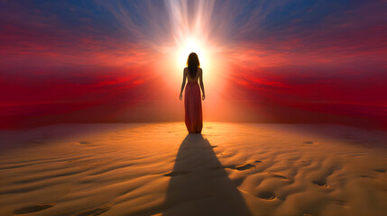Woman in flowing red dress stands in a desert at sunset, with vibrant colors illuminating the landscape and fabric