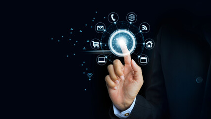 Digital Marketing and Global Business Strategy: Hand Touching Virtual Screen with Network and...