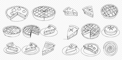 A collection of hand-drawn line art illustrations featuring various whole pies and individual slices of pie with different crust designs.