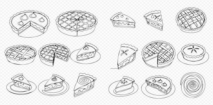 A collection of hand-drawn line art illustrations featuring various whole pies and individual slices of pie with different crust designs.