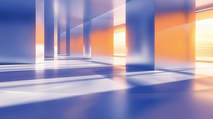 An abstract background with white and blue columns illuminated by orange light in a modern office environment with reflective surfaces creating dynamic shadows and intricate patterns on the floor
