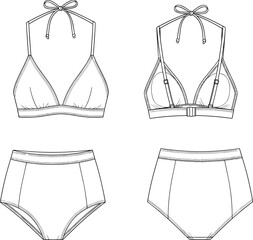 Swimsuit Bikini Two Piece Swimwear Halter Top High Waist Bottom Fashion Apparel Clothing Garment Technical Sketch Flat Drawing Design Illustration Womenswear Summer