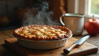 Warm apple pie steams on rustic wooden cutting board. Metal mug with hot drink, red apple, and knife are placed nearby. This delicious homemade dessert is ideal for cozy autumn comfort at home.