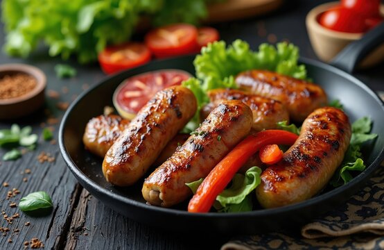 Grilled sausages served with lettuce and tomato slices in a pan. Delicious sausages are arranged on the plate on the wooden table. Food presentation idea for social media.
