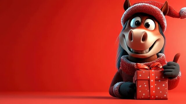 Amusing cartoon horse with a Santa hat and a warm sweater, cheerfully holding a red gift and giving a thumbs up against a merry red backdrop, with room for text