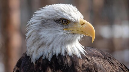 Close-up of a bald eagle with a white head, yellow beak, and dark brown body feathers. Concept Close-up Bald Eagle, White Head, Yellow Beak, Dark Brown Feathers, Majestic Bird