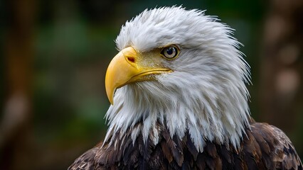 Fototapeta premium Close-up of a bald eagle: white head, yellow beak, and brown plumage. Concept Bald Eagle Close-Up, White Head and Yellow Beak, Brown Plumage, Wildlife Portrait, Nature Photography