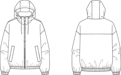 Jacket Hooded Outerwear Fashion Apparel Clothing Garment Technical Sketch Flat Drawing Design Illustration Zipper Pockets Cuffs Hem Hoodie Casualwear Womenswear Menswear