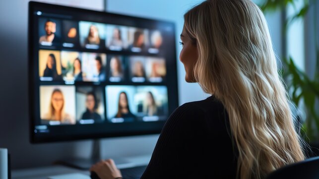 Businesswoman hosting hybrid online meeting