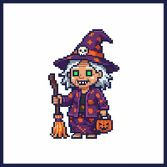 Fototapeta premium Pixel art of a witch with a broom and pumpkin bucket.
