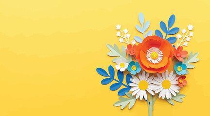 Vector art of colorful paper flowers arrangement isolated on yellow background, a vibrant and cheerful display of handcrafted floral art, perfect for spring and summer themes