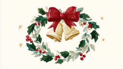 Christmas Wreath with Holly Berries, Golden Bells and Red Bow, Watercolor Holiday Illustration Ideal for Poster, Wallpaper and Seasonal Decor Projects, Festive Artistic Design with Star Details