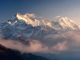 Obraz premium Majestic snow capped mountain range bathed in golden sunrise light with mist filling the valleys