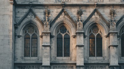 Obraz premium Gothic Architecture With Stained Glass Windows On Historic Building Facade. Architectural Elegance And Historical Significance