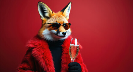 Stylish anthropomorphic fox wears a red fur coat and sunglasses, holding a champagne flute. This elegant animal celebrates a special occasion in a studio.