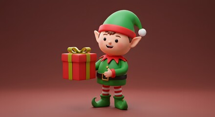 Cute 3D Christmas Elf Character Holding a Festive Gift Box. Holiday Season Concept Illustration.