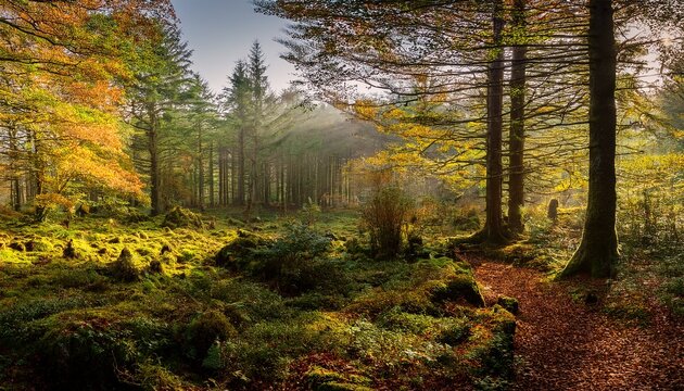 An Early Autumn Forest Landscape In Northern Ireland
