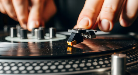 Close-up of a turntable with a vinyl record and a stylus in motion,  Capturing the essence of vinyl records: Turntable in action, showcasing the needle's groove