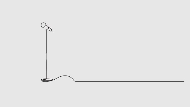 Self animated one continuous line drawing of microphone and stool on stand up comedy stage. Equipment at night club or bar for stand up comedian performance. Full length one line animation