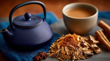 cast iron teapot with spices chai ingredients cozy tea ceremony warm lifestyle