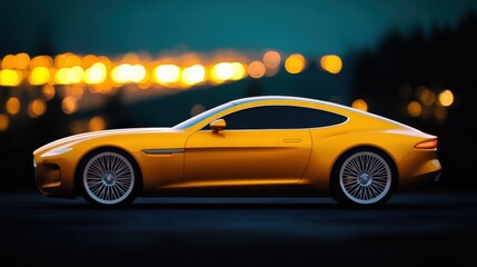 Fototapeta premium Elegant yellow sports car parked against a twinkling city backdrop at night