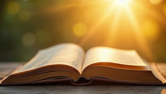 Open book lies in sunshine. Light falls on aged pages. Old vintage book with text for reading. Learning and education concept. Knowledge and wisdom on wooden table.