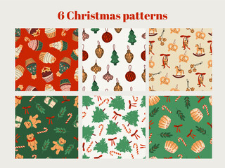Merry Christmas and Happy New Year patterns set. Vector vintage illustration for fabric, paper, textiles, notepad, children clothing, greeting card. Holiday seasonal design