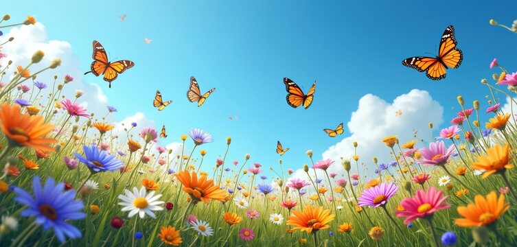 Orange butterflies fly over colorful meadow flowers under blue sky. Insects wing over green grass and blooming plants. Vibrant nature scene with small blossoms on a sunny day.