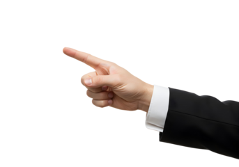 Hand pointing to the side in a suit jacket, isolated on white background