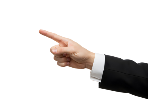 Hand pointing to the side in a suit jacket, isolated on white background