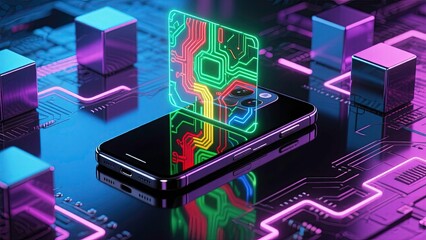Render of a futuristic smartphone on a glossy surface with a glowing holograph green dots on screen in a futuristic setup
