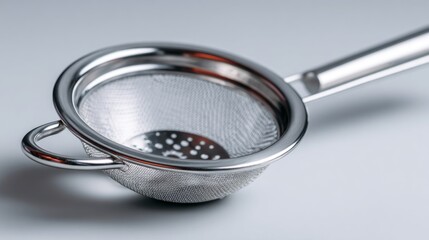 A metal mesh strainer is sitting on a white surface