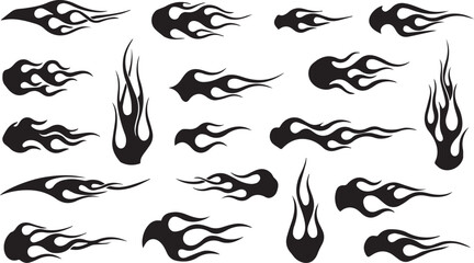 Collection of stylized black flame graphics and tribal fire elements for design