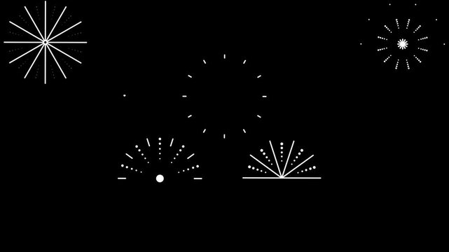 Explosive circle burst firework animation, shiny line sparks and glowing ellipse blast, 4K black screen motion graphics element, bursting light explosion with sparkle trails.
