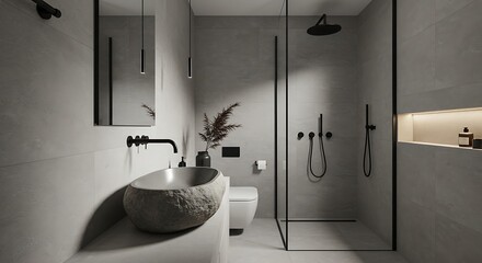 Minimalist Modern Bathroom Interior with Unique Stone Basin, Matte Black Fixtures, and Spa-like Ambiance.