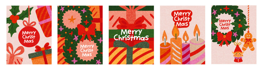 Merry Christmas and Happy New Year greeting card Set. Modern beautiful Xmas design with typography, Christmas tree, fir branches, balls and toys. Art banner, poster, cover templates