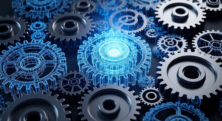 Blue glowing wireframe gears interlocked with metallic cogs cogwheel mechanical
