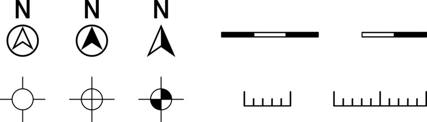 Basic Black Round North Mark Arrow Sign Symbol in Circle and Scale Icon and Linear or Bar Scale and Height Indicator Cartography Set for Map or Site Plan Orientation. Vector Image.