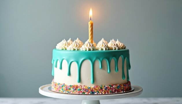 Festive cake on stand has teal icing drip and sprinkles. Burning candle. Sweet dessert for birthday party one year anniversary celebration food treat confection sugary goodness.