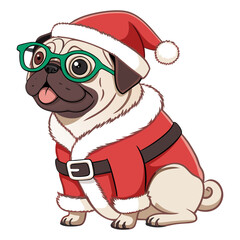Cute Christmas Pug Dog in Santa Costume Vector Illustration