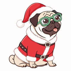 Cute Christmas Pug Dog in Santa Costume Vector Illustration