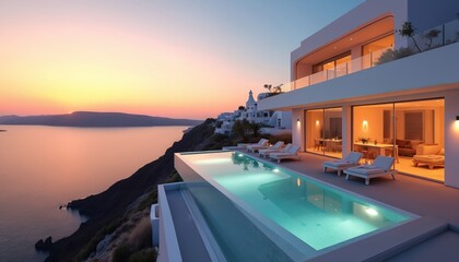 Fototapeta premium Luxury clifftop villa with infinity pool overlooks Aegean Sea at sunset in Santorini Greece. White modern architecture provides stunning ocean views. Island destination for vacationers.