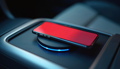 Smartphone with red screen charges wirelessly in car center console. Blue light illuminates charging pad, indicating power transfer. Modern tech offers seamless convenience for drivers, passengers on
