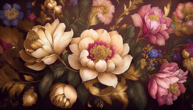Beautiful Fantasy Vintage Wallpaper Botanical Flower Bunch Vintage Motif For Floral Print Digital Background Generative Ai