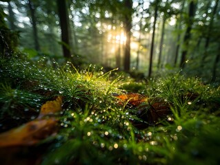 Morning sunbeams illuminate a forest floor covered in dew kissed moss and grass