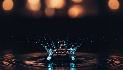 Macro photo of water droplet splash on dark background with bokeh. Clean, organic, abstract texture, motion, pureness, creative aqua art, energy, inspiration, transparency, hydration.